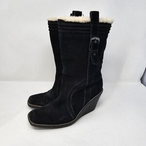 Cole Haan Michelle Microsuede Waterproof  Mid Calf Wedge Boots Black Size 7.5 B